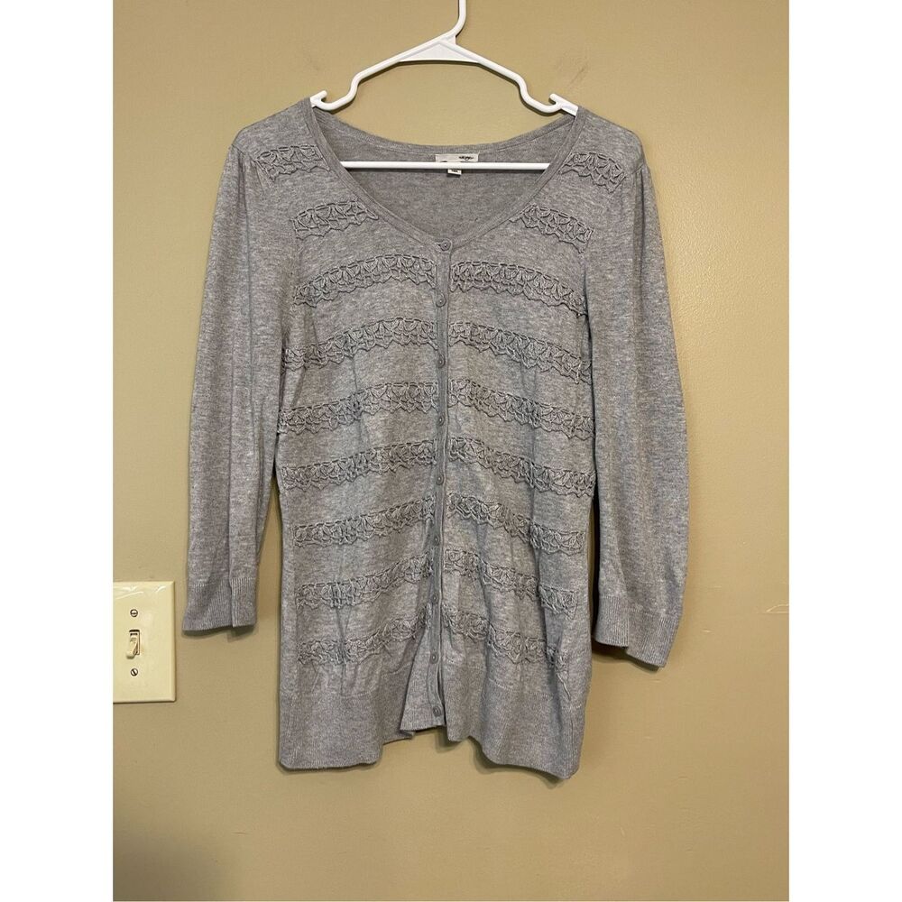 Halogen Womens Grey Silver Beaded Cotton Button up Cardigan Large